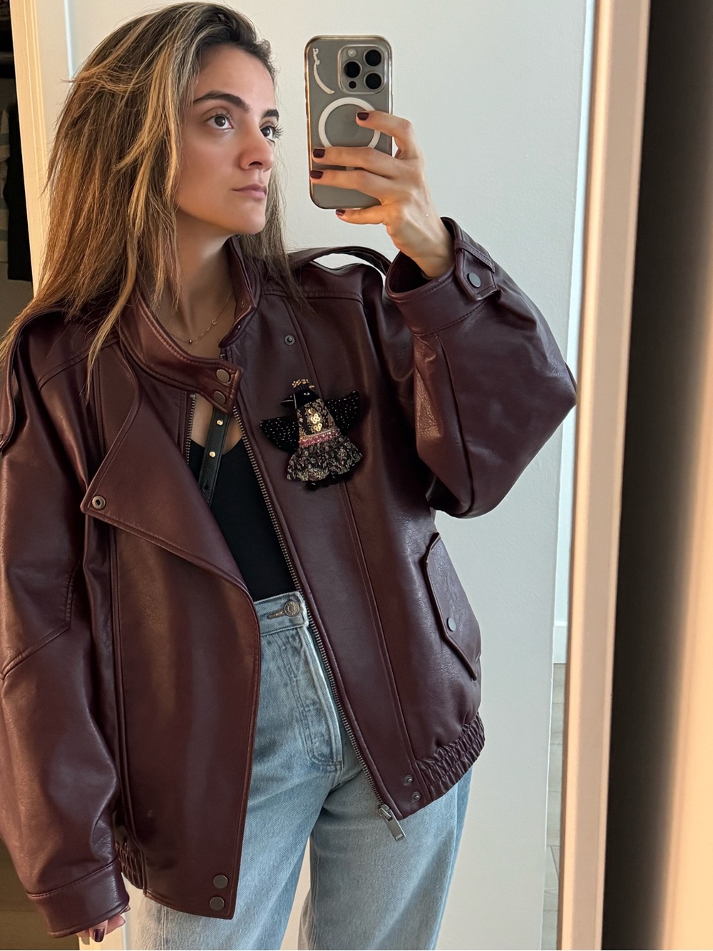 Abercrombie & Fitch Deep Burgundy Faux Leather Bomber Jacket